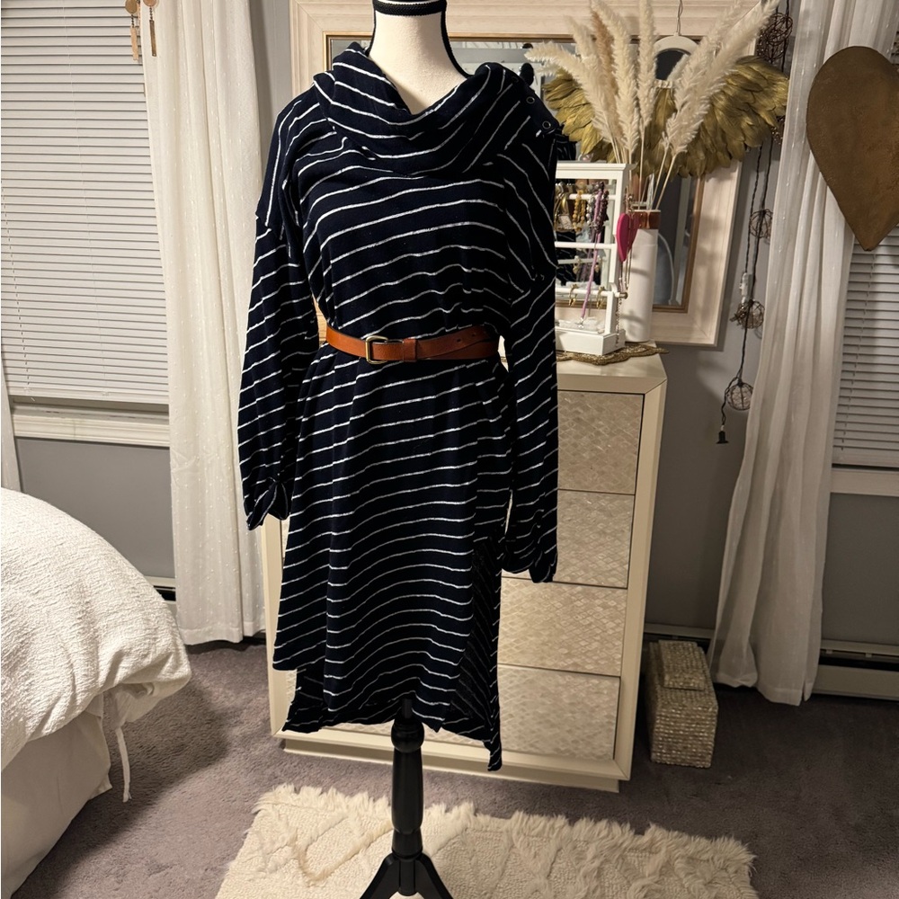 We The Free Blue and White Long Sleeve Cowl Neck Sweater Dress